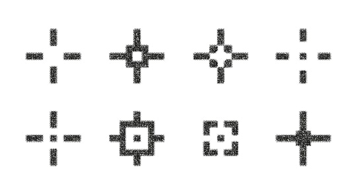 Eight crosshair designs rendered as a halftone-dot grid